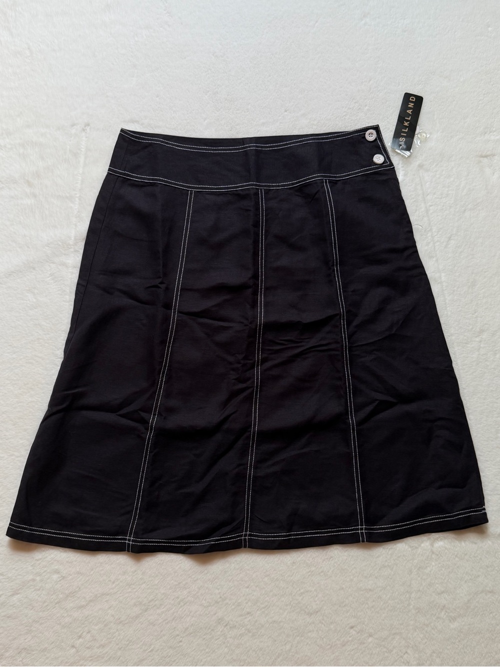SilkLand Black A-Line Skirt with White Topstitch Detailing NWT